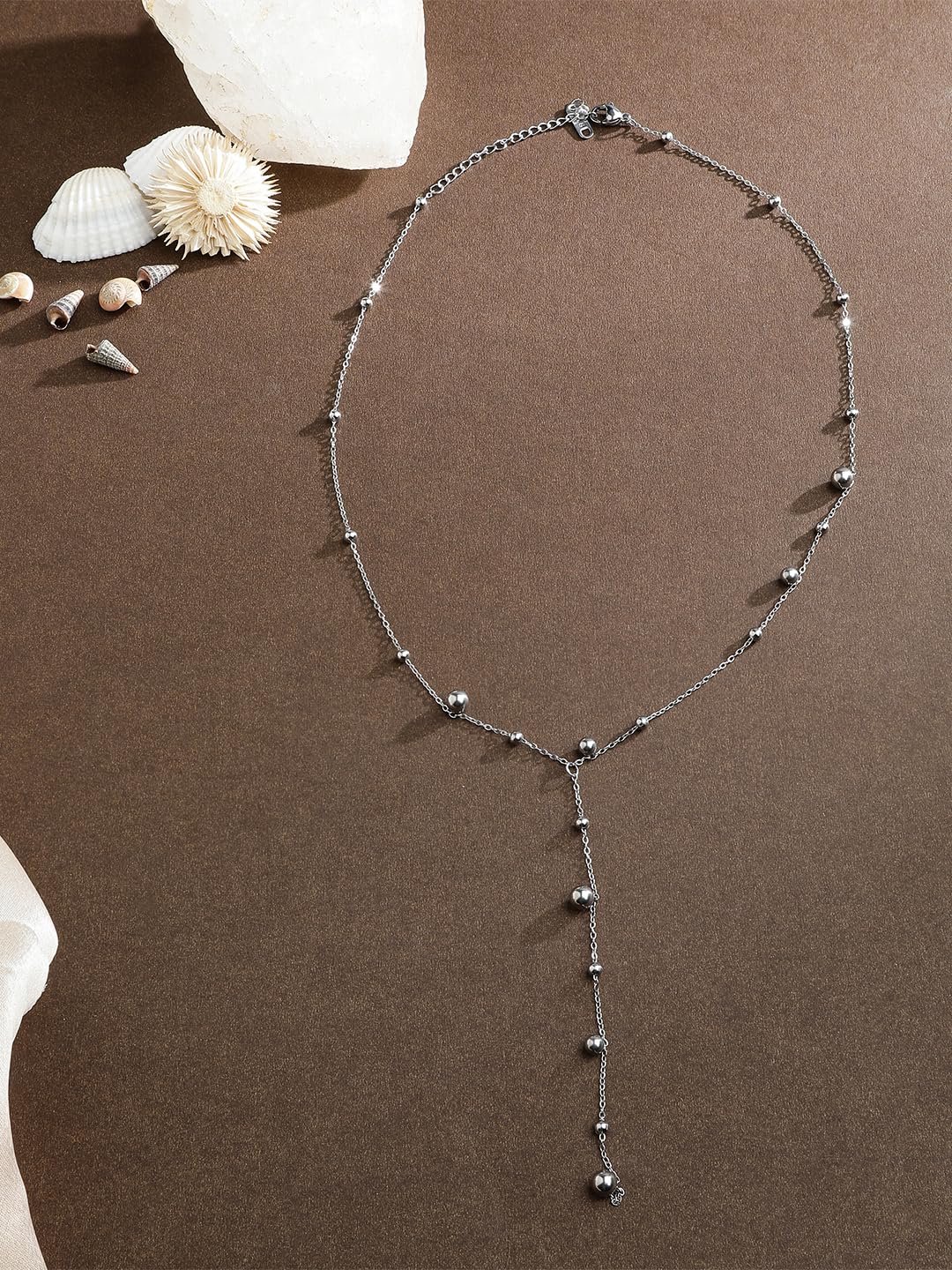 El Regalo Titanium Steel Long Silver Beads Chain Western Necklace - Glamorous Circular Accents and Deep Chain Drop