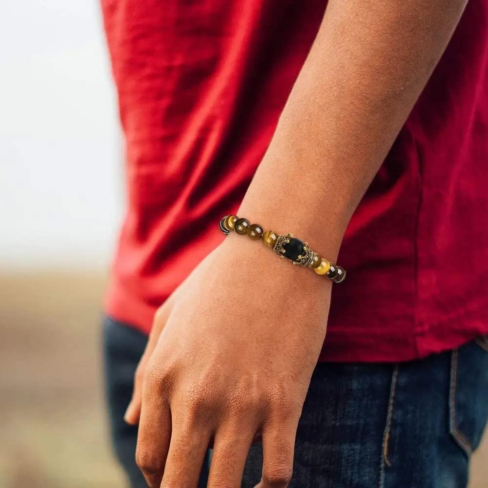El Regalo Natural Stones Tiger Eye Antique Crown Charm Bracelet for Men/Boys Beads Bracelet Jewelry