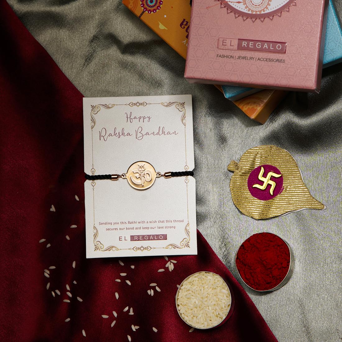 El Regalo 1 PC Stainless Steel OM/Aum Rakhi for Brother - Anti Tarnish Adjustable Rakhi Bracelet for Bhai/Bhatija- Comes with Message Card, Roli-Chawal & Rakhi Box (Rose Gold OM Rakhi)