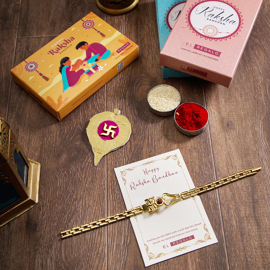 El Regalo Designer Trident Rudraksha Bracelet Rakhi for Brother- Auspicious Shiva Trishool Chain Bracelet Rakhi with Roli Chawal, Rakhi Message Card in Rakhi Box