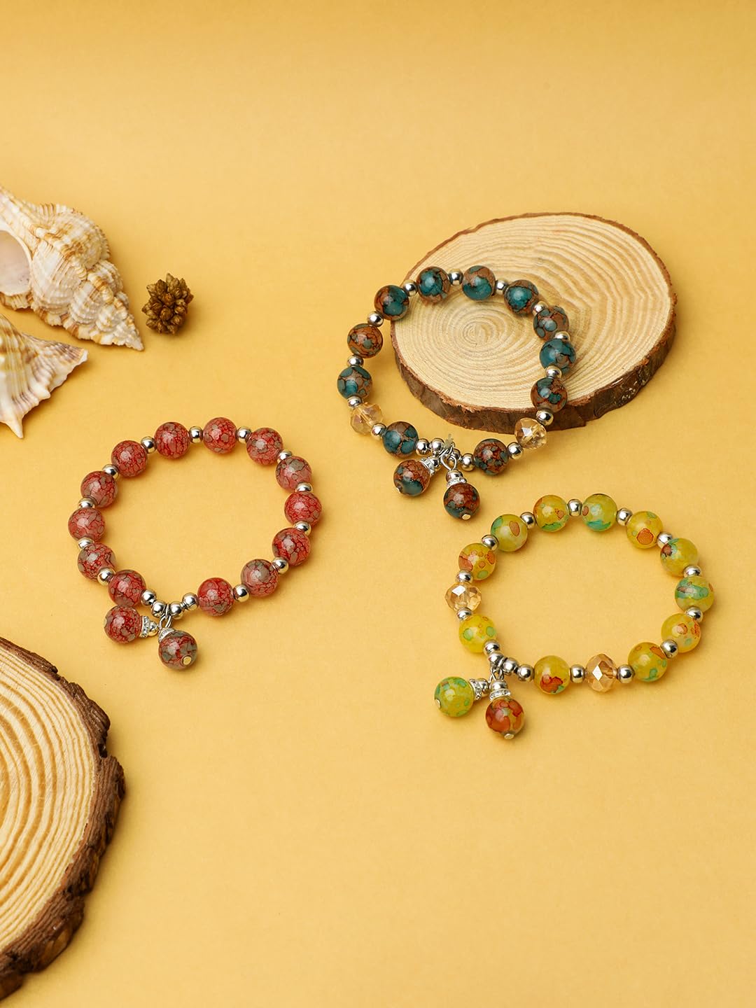 El Regalo 3 PCs Bohemian Crystal Beads Bracelet Set- Multi Colored Natural Stones Strech Bracelets for Girls & Women