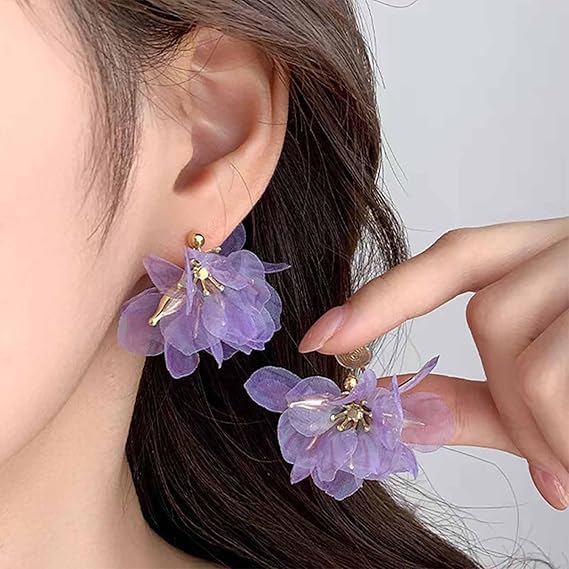 El Regalo Vintage Floral Drop Earrings for Women | Classy Chiffon Flower Cluster Earrings | Boho Lily Petal Dangle Earrings | Korean Statement Fashion Jewellery | Hypoallergenic Fancy Earrings (Purple)