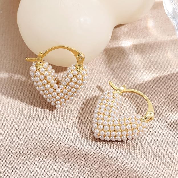 El Regalo Gold-Plated Pearl Heart Hoop Earrings for Women & Girls - Classic, Elegant Tiny Pearl Heart Hoops, Trendy & Fashionable Earrings for Everyday Wear