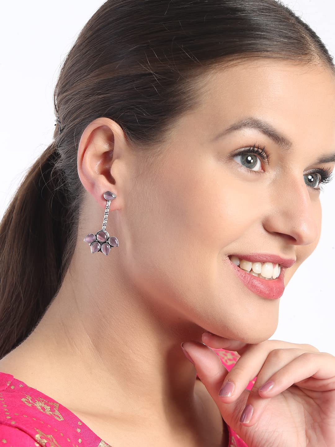 El Regalo Lavender Stones Statement Earrings - Oxidized Silver Finish Vintage Earrings for Girls & Women