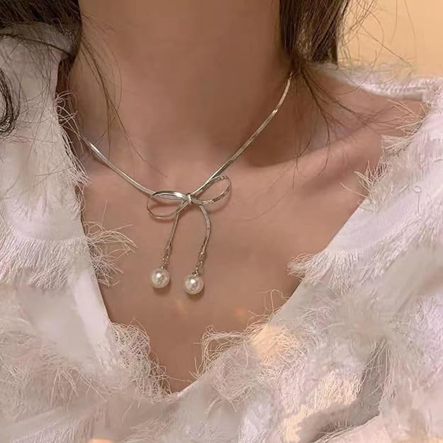 El Regalo Stainless Steel Bow Tie Pearl Necklace- Anti Tarnish, Waterproof, Minimalist, Statement Bow Choker Ribbon Necklace for Girls & Women (Bow Tie Pearl Tassel)