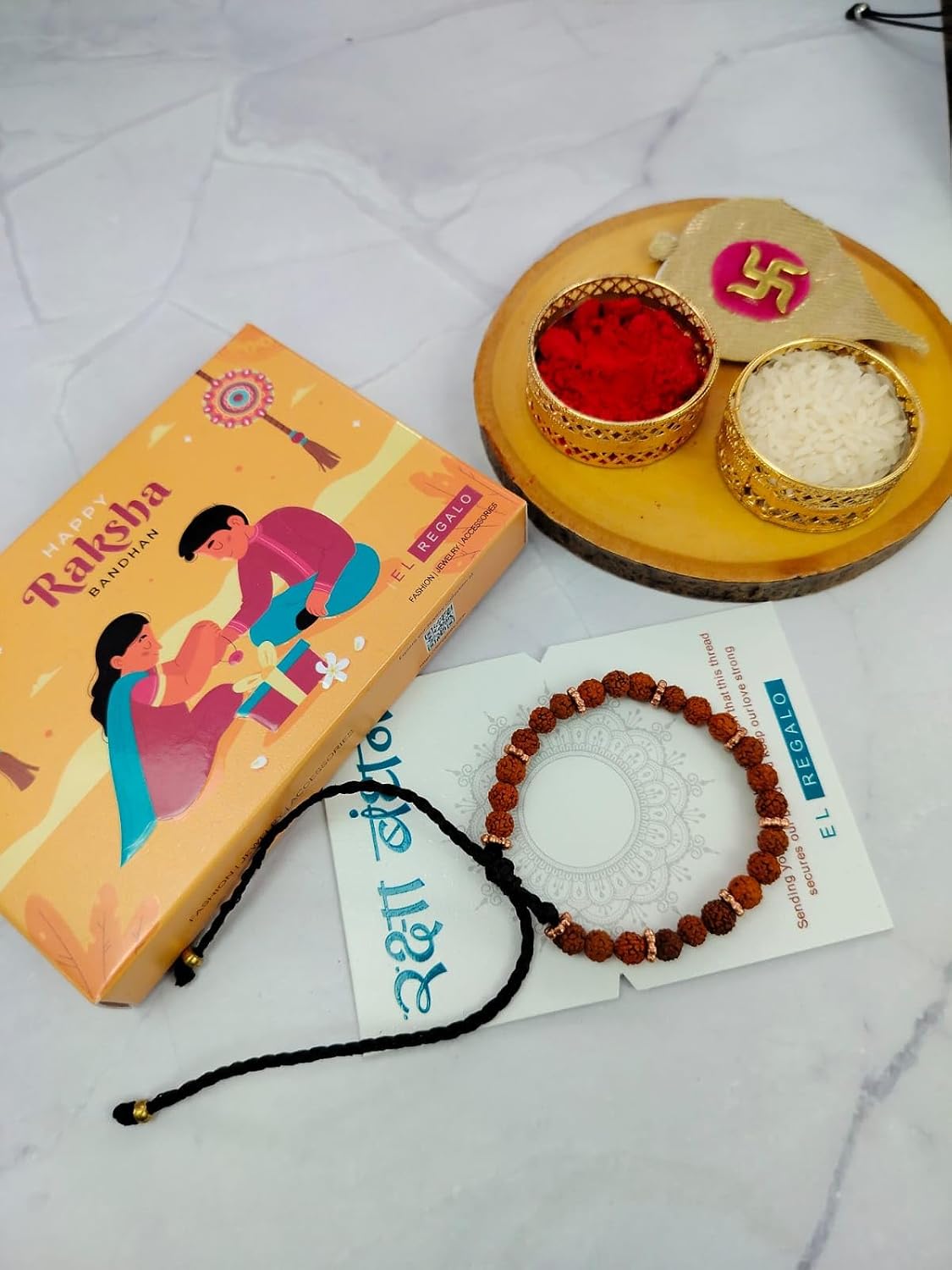 El Regalo Auspicious Rudraksha Rakhi for Brother- Lord Shiva Rudraksha Rakhi with Roli Chawal, Rakhi Message Card in Rakhi Gift Box for Bhai/Nephew (Option-2)