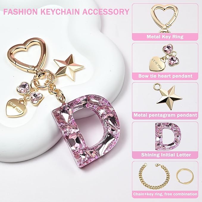 El Regalo Personalized Glitter Initial Letter Keychain for Girls & Women - Cute Pink Resin Alphabet Keyring with Heart & Star Charms - Fancy Luxury Bag Accessory & Birthday Gift (Letter D)