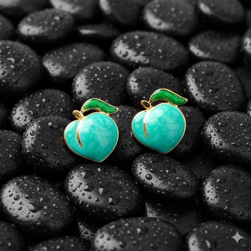 El Regalo Cute Gold Plated Stainless Steel Oil Drop Peach Stud Earrings for Girls & Women | Hypoallergenic Fruit Themed Fashion Earrings (Mint Green)