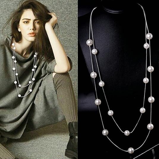 El Regalo Layered Faux Pearl Long Necklace for Women & Girls - Bohemian Chic Statement Jewelry | Simulated Pearls & Brass Snake Chain | Double Strand Sweater Necklace for Elegant Occasions (Silver)