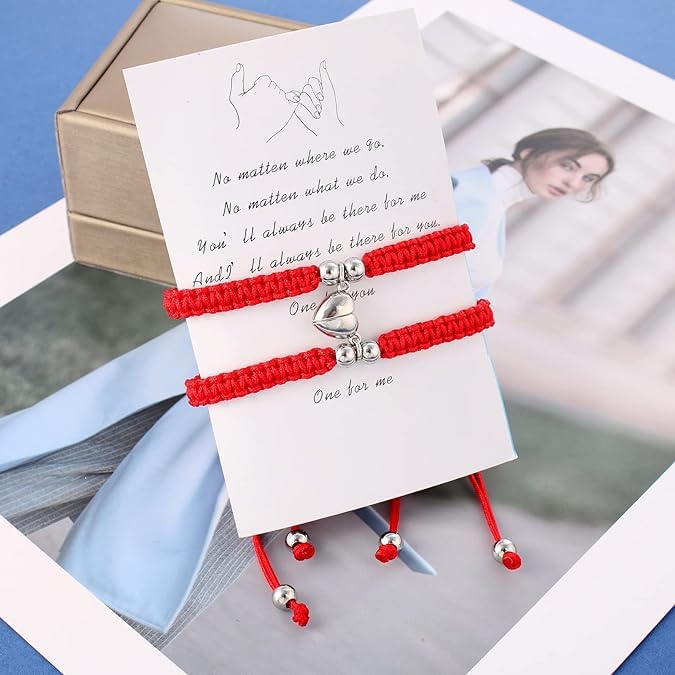 El Regalo Unisex 2PCs BFF Best Friend Magnetic Heart Couple Bracelet Set for Couples/Best Friends/Besties/Lovers (Both Red Heart)