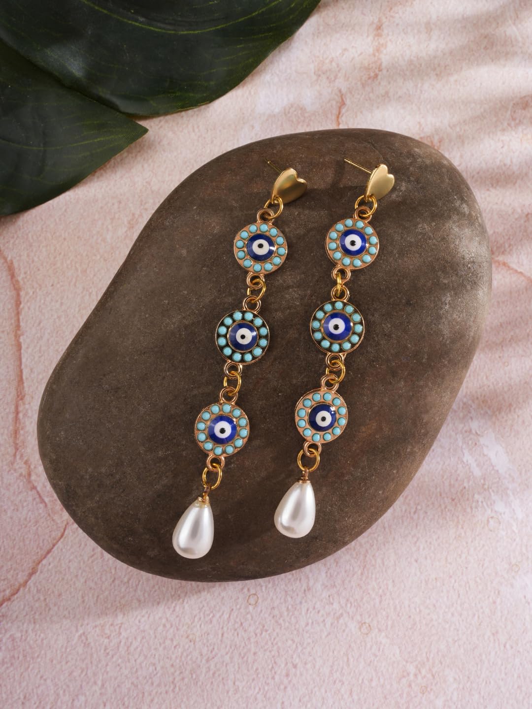 El Regalo Elegant Long Evil Eye Pearl Heart Stud Earrings- Fancy Evil Eye Statement Earrings with Pearl Drop for Women