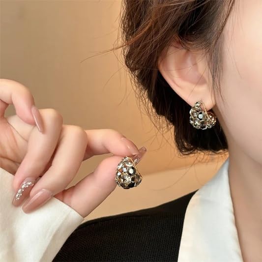 El Regalo Chocolate Rhinestone Encrusted Semi Hoop Earrings for Women & Girls- French Retro Elegant Geometric Faceted Crystals Inlay Versatile Earrings