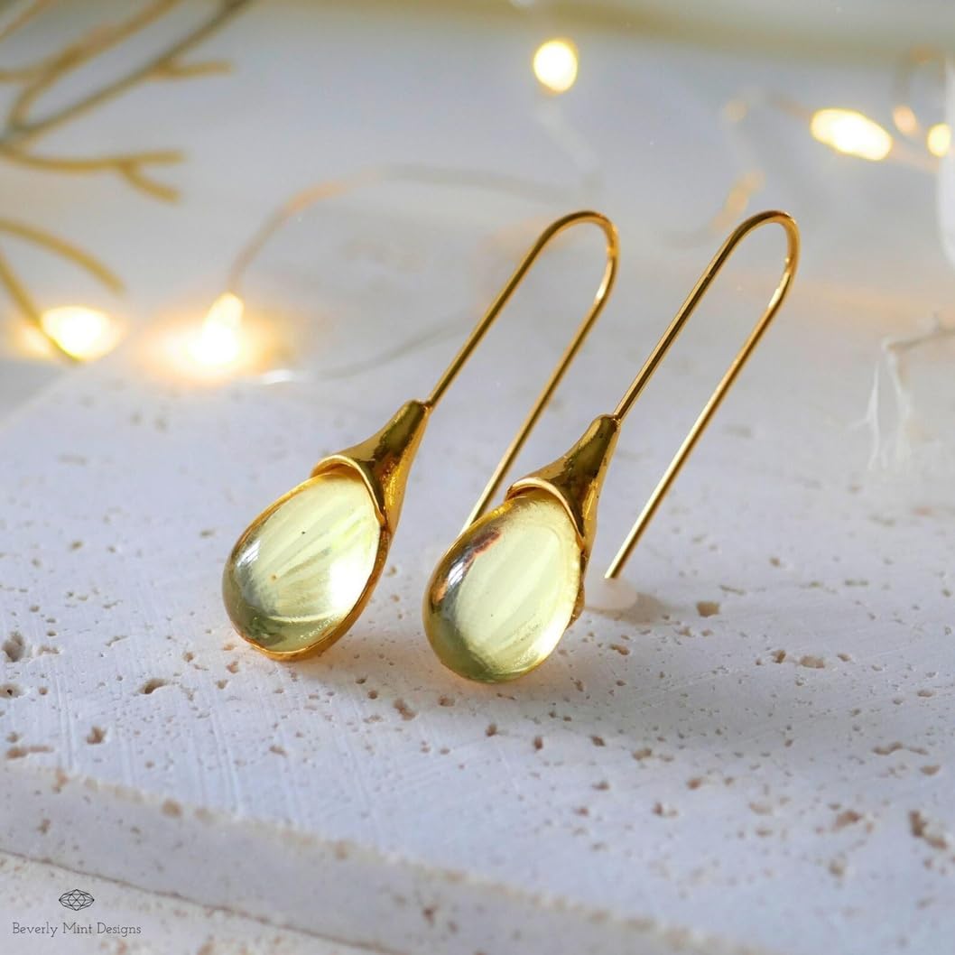 El Regalo Beverly Mint Designs Minimalist Teardrop Drop Earrings for Women & Girls - Classy Pastel Glass Stone Dangle Hooks for Western & Indo-Western Outfits (champagne Yellow)