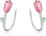 El Regalo Cute Tiny Pink Tulip Flower Bud Earrings for Girls & Women- Enameled Tulip Crawler Climber Earrings