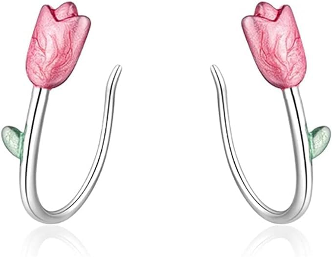 El Regalo Cute Tiny Pink Tulip Flower Bud Earrings for Girls & Women- Enameled Tulip Crawler Climber Earrings
