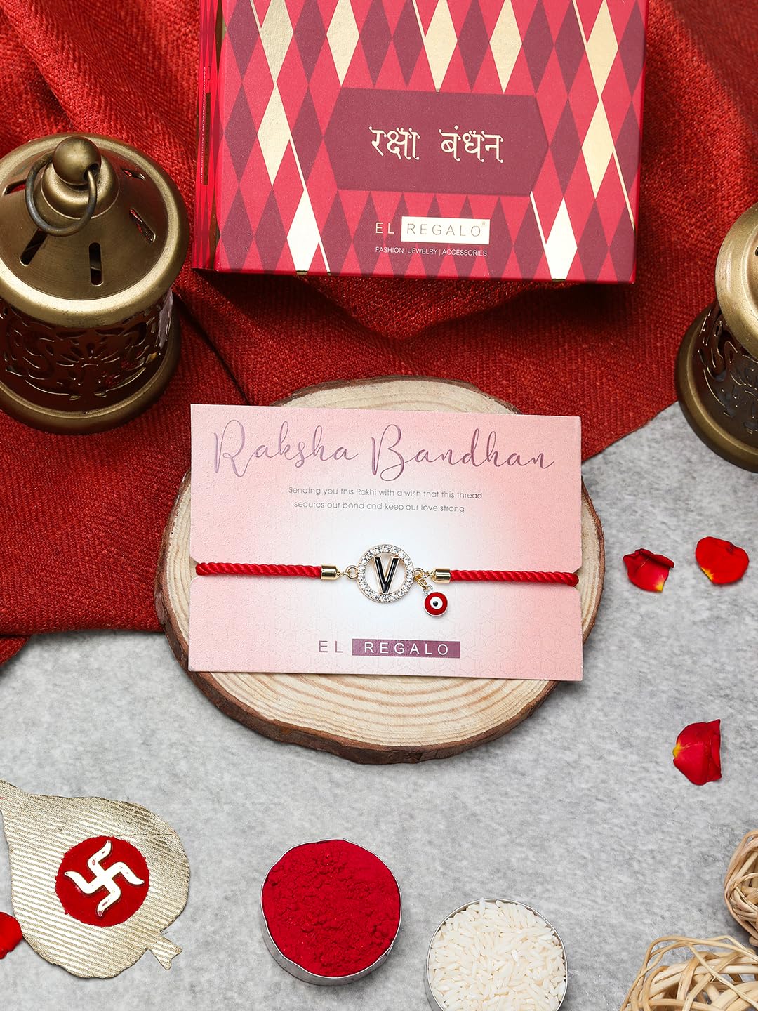 El Regalo Name Initials Evil Eye Bracelet Rakhi for Brother- Name Letter CZ Rakhi with Roli Chawal, Message Card in Rakshabandhan Box for Bhai (Red- V)