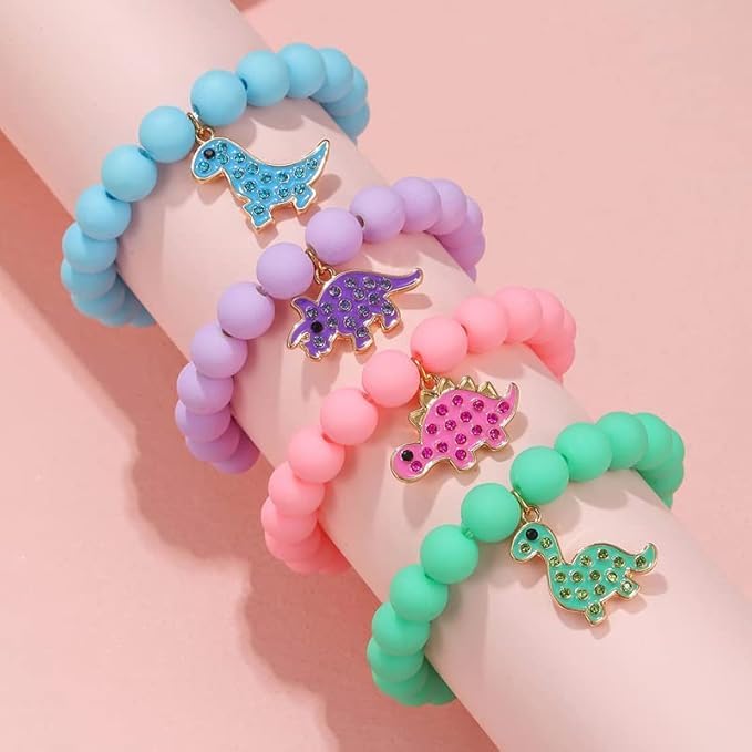 El Regalo 4PCs Cute Dinosaur Beaded Bracelet Set - Pastel Color Acrylic Dino Charm Bracelets for Girls & Kids