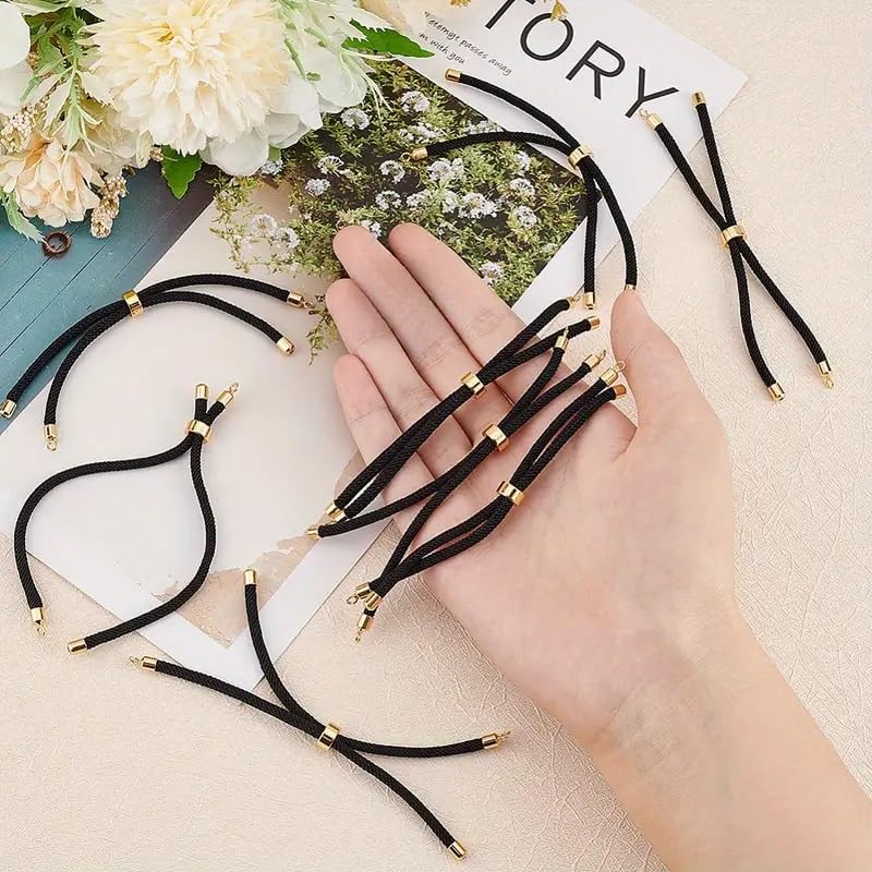 El Regalo 12-Pack Adjustable Nylon Twisted Cord Bracelets with Brass Findings for Jewelry Making - Slider Bracelet Bases, Round Black, Elastic Drawstring Design for DIY Crafts (Black)