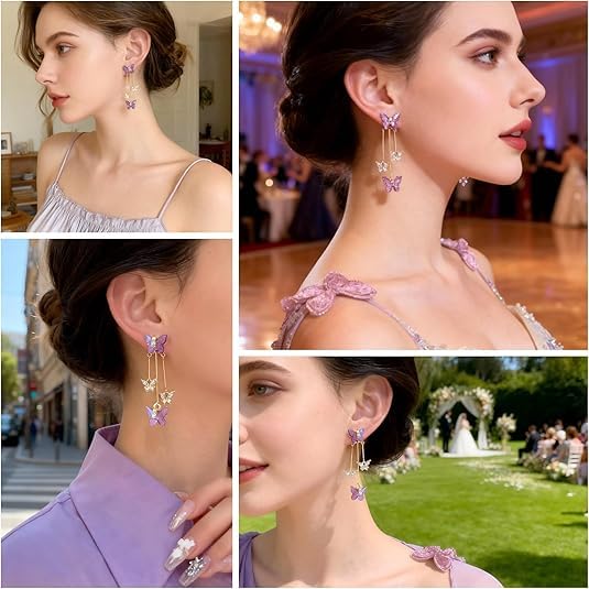 El Regalo Cute 3D Crystal Butterfly Tassel Earrings for Women & Girls | 18K Gold Plated Long Hanging Drop Linear Earrings | Elegant Korean Aesthetic Western Party Jewelry (Purple)