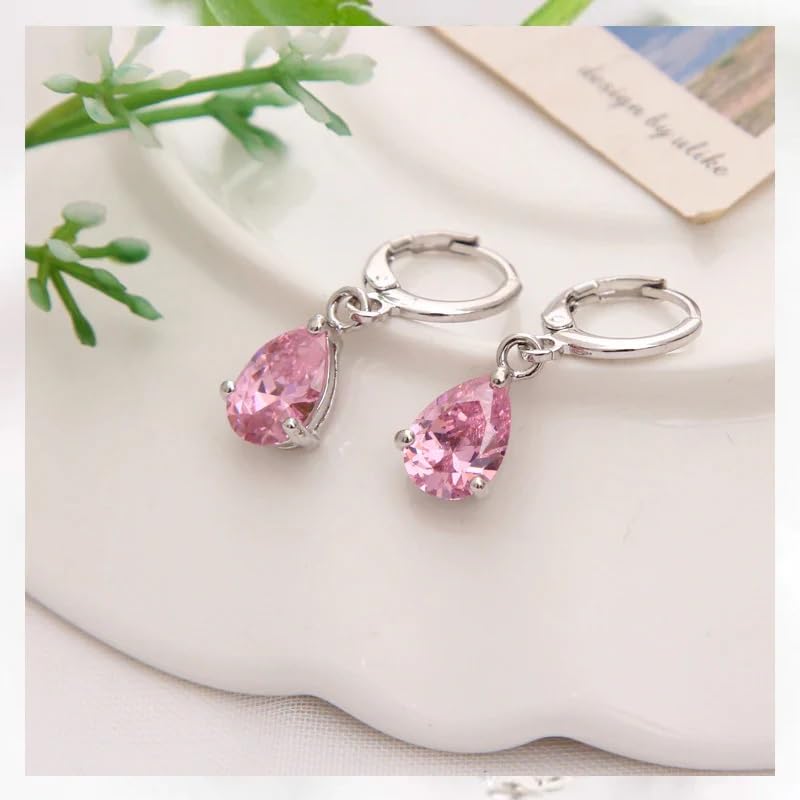 El Regalo Cute Cubic Zirconia Cut Stones Hoop Earrings for Girls & Women- Classic Teardrop Shape Zircon Drop Dangle Earrings (Baby Pink)