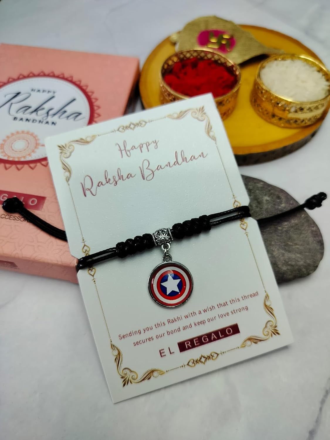 El Regalo 1PC Superhero Kids Rakhi- Fun Kids Bracelet Rakhi with Roli Chawal, Rakhi Message Card in Rakhi Gift Box for Little Bro/Sister/Niece or Nephew (Captain America Black Rakhi)