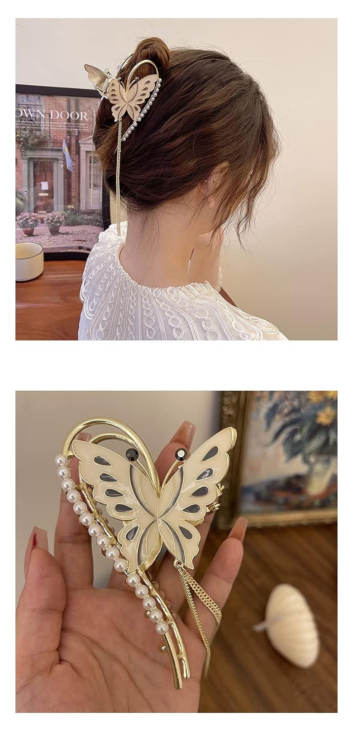 El Regalo Butterfly Pearl Hair Claw Clips for Girls/Women, Large Non-Slip Enameled Metal Butterfly Hair Clips Sparkly Hold Hair Jaw Clips Cute Hair Claws Big Butterfly Clips Bridal Hair Clips