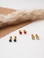 El Regalo 3 Pairs Cute Stainless Steel CZ Stud Earrings Combo for Kids/Girls/Teens/Women - Stars, Heart, Flower, Butterfly, Disco Ball, Stones - Hypoallergenic Flatback Earrings (Style-8)