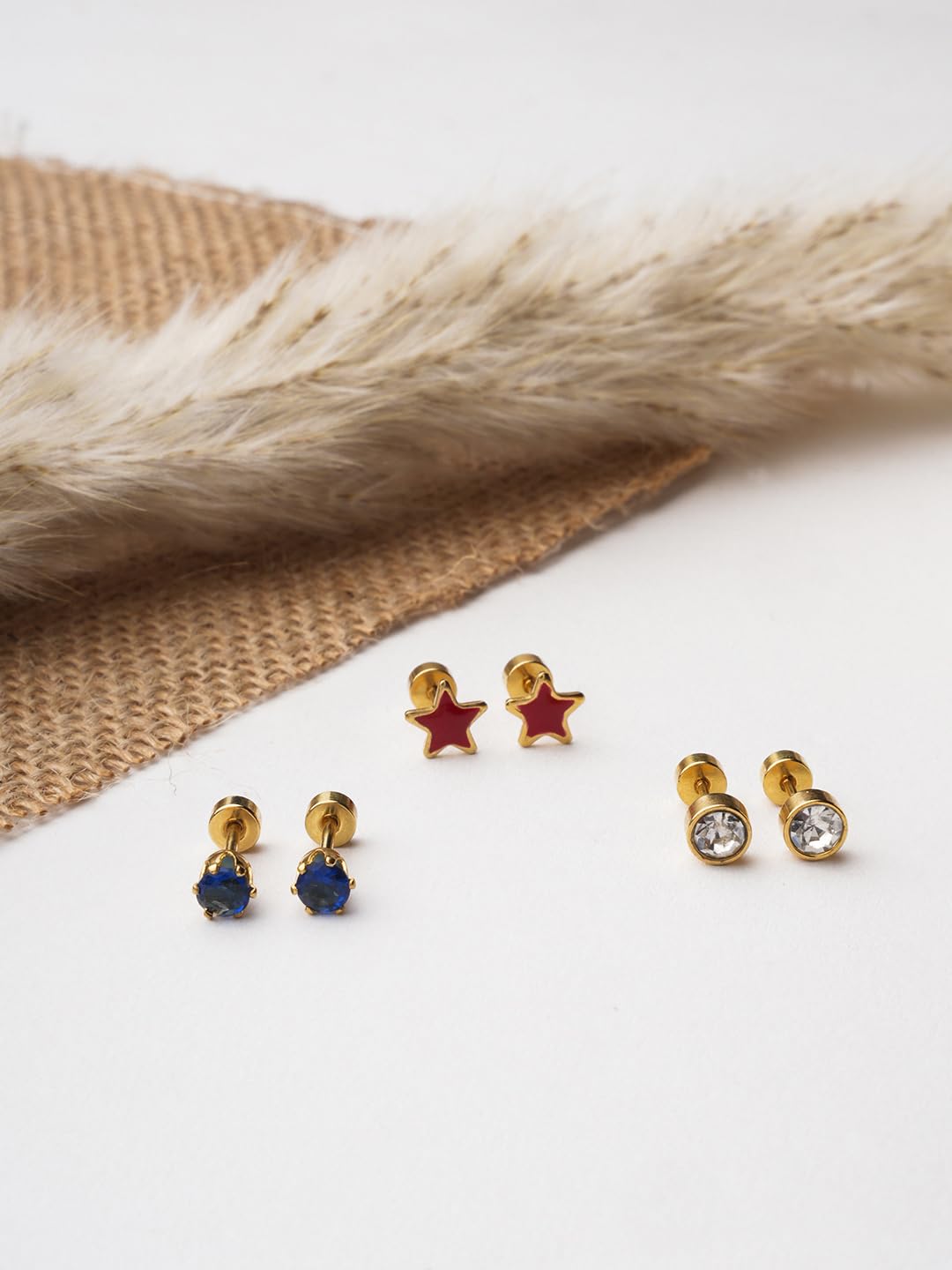 El Regalo 3 Pairs Cute Stainless Steel CZ Stud Earrings Combo for Kids/Girls/Teens/Women - Stars, Heart, Flower, Butterfly, Disco Ball, Stones - Hypoallergenic Flatback Earrings (Style-8)