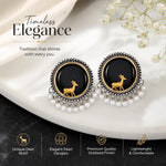 El Regalo Big Antique Oxidised Vintage Stud Earrings for Women and Girls | Boho Ethnic Statement Dual Tone Ear Tops with 3D Gold Deer Motif & Hanging Pearl Drops | Premium Traditional Festive Gift Jewelry (Black)