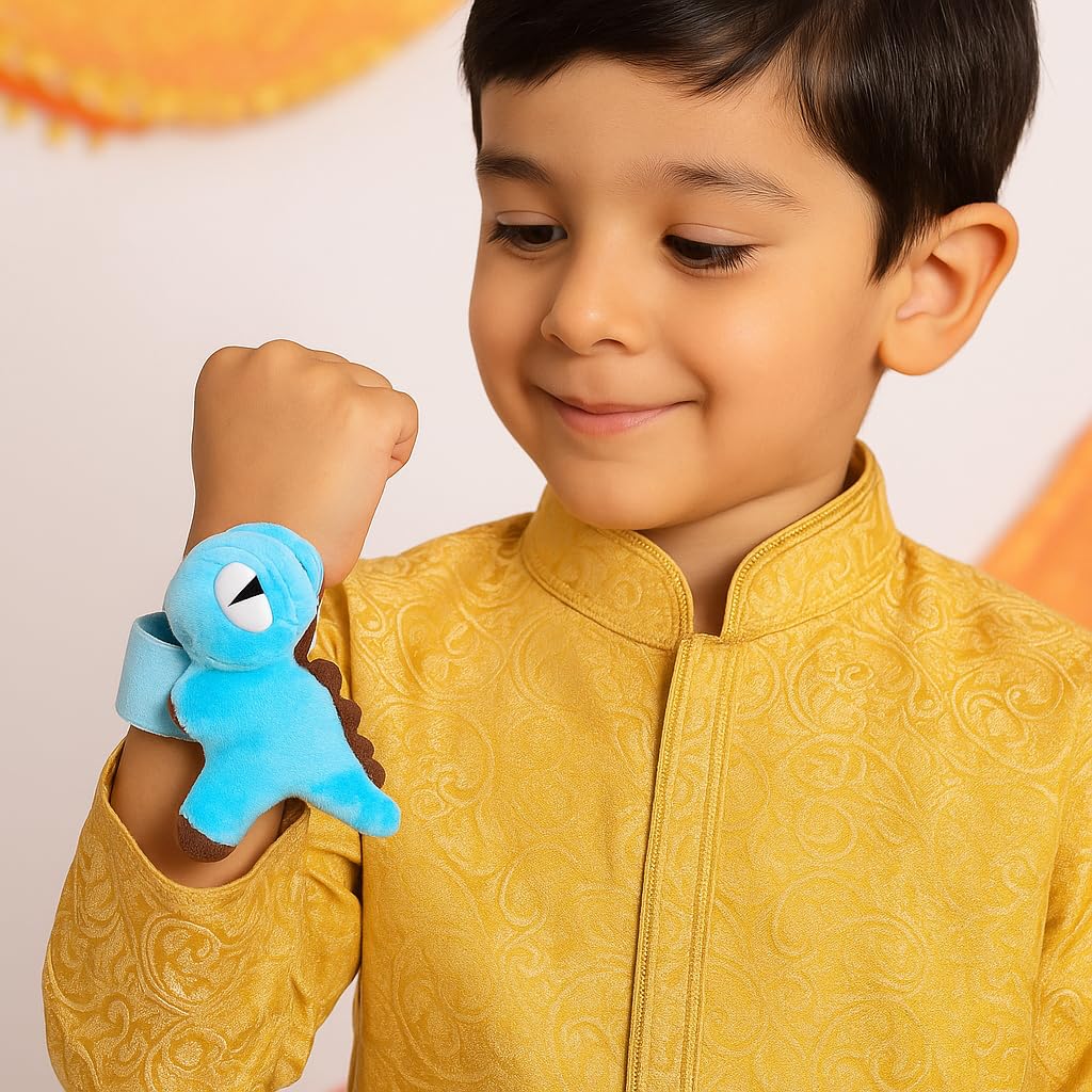 El Regalo Kids Rakhi - Cute Animal Plush Slap Band Rakhi for Boys & Girls | Panda, Shark, Dinosaur & More with Roli Chawal & Rakshabandhan Card | Fun Cartoon Soft Slap Bands for Children (Blue Dinosaur)