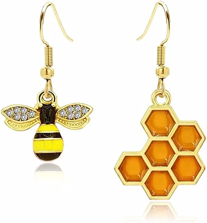 El Regalo Enamel Honeycomb Bee Earrings, Pendant Necklace Jewelry Set for Girls & Women - Geometric Hexagon Honeycomb Beehive Dangle Earrings (Style-1)