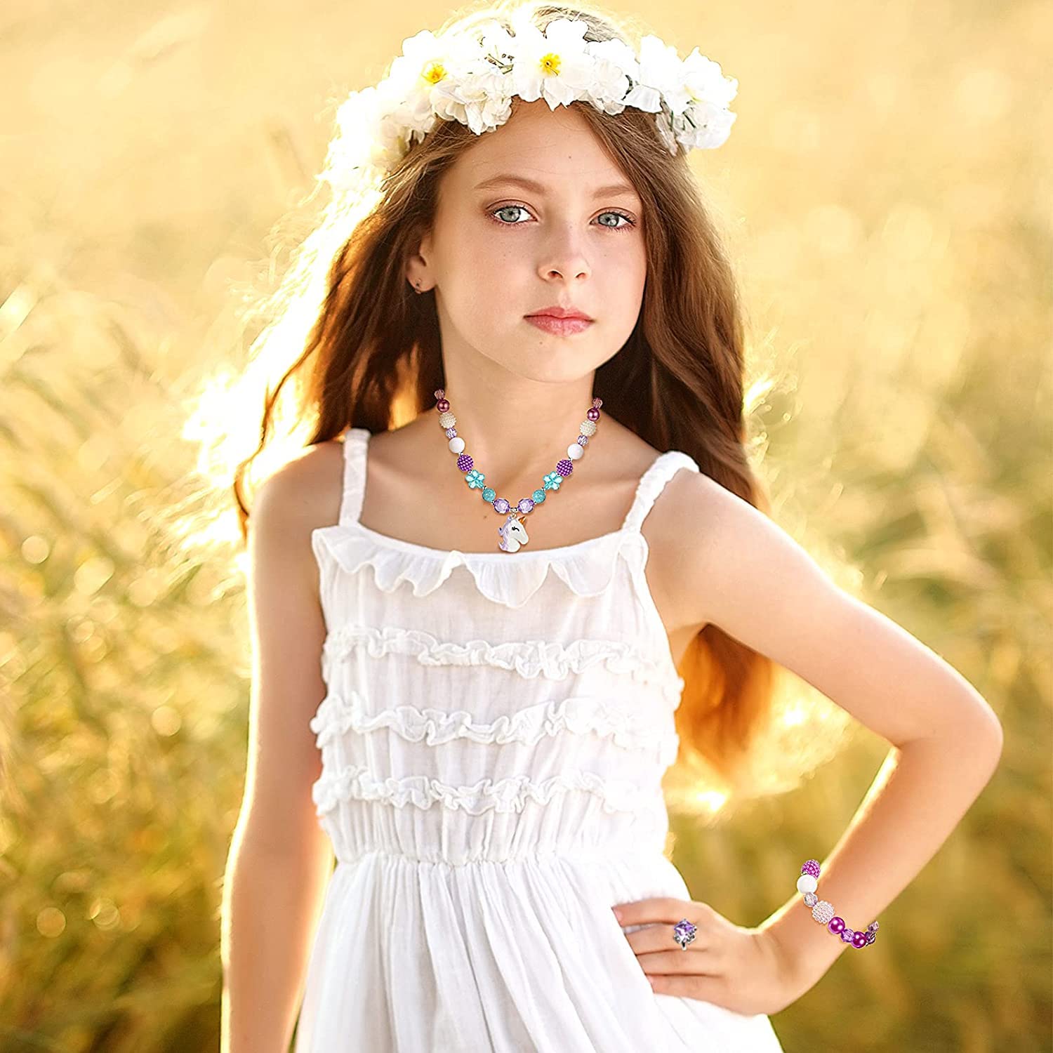 El Regalo 2 PCs Kids Girls Colorful Jewelry Sets - Kids Candy Color Unicorn, Mermaid, Rainbow themes based Necklace & Bracelets Sets for Girls & Toddlers (Purple Unicorn Necklace & Bracelet)