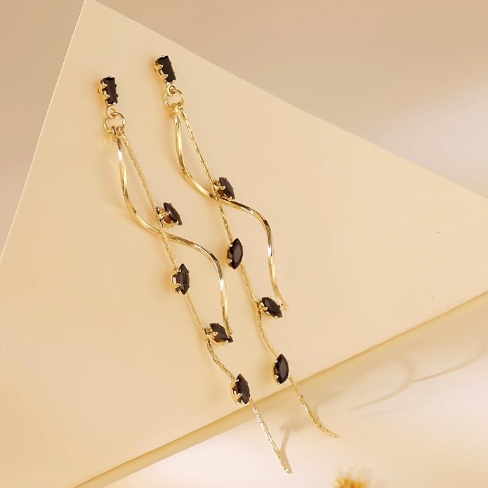 El Regalo Long Copper Zirconia Rhinestone Leaf Drop Dangle Earrings for Women | Korean Style Vine Fringe Earrings | Classy Party, Wedding & Casual Earrings Jewelry (Black)