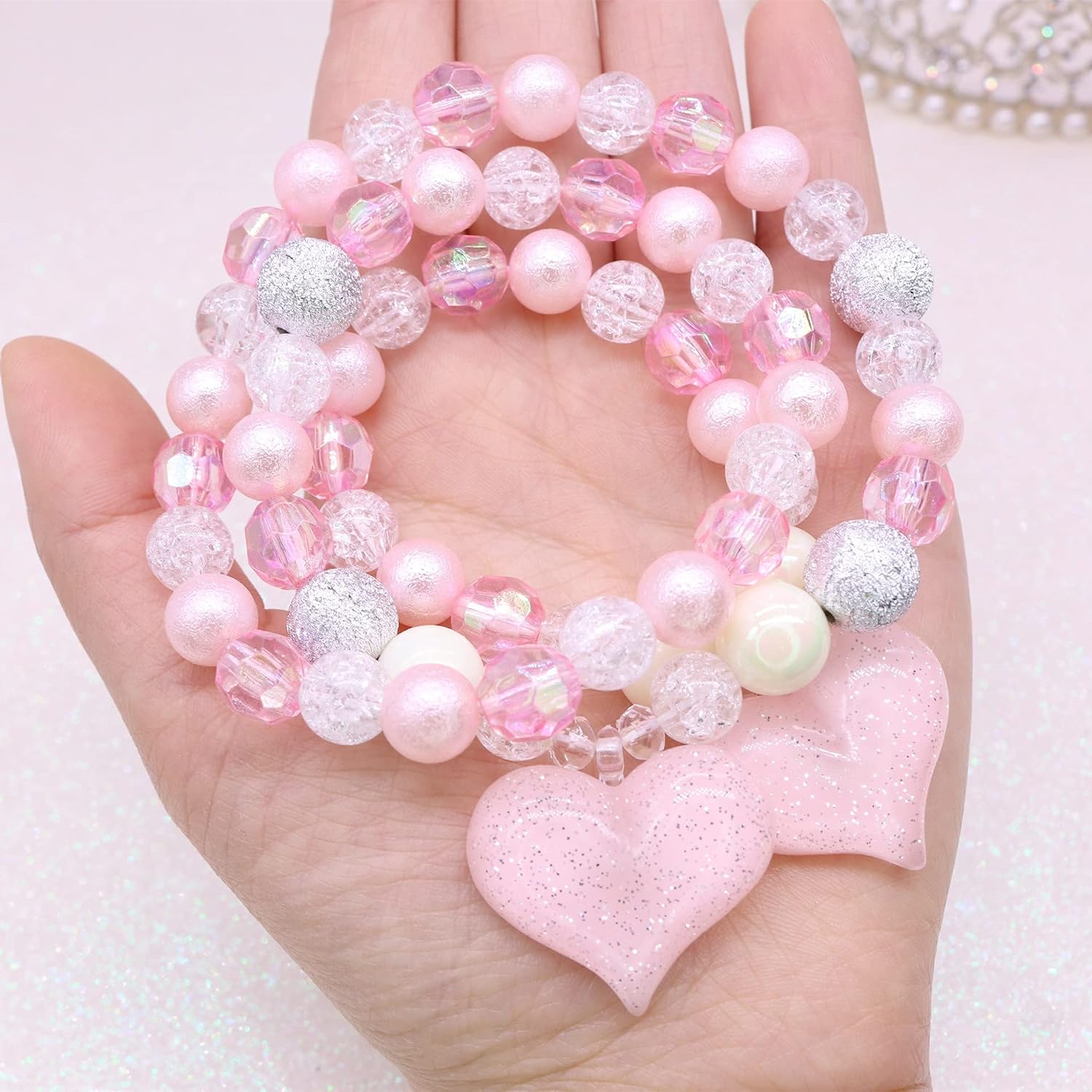 El Regalo 2 PC Girls Kids Shiny Pink Heart Resin & Acrylic Beads Jewelry Sets | Colorful Princess Heart Beaded Necklace & Bracelet Sets, Princess Necklace Bracelet Set for Toddlers/Girls/Kids