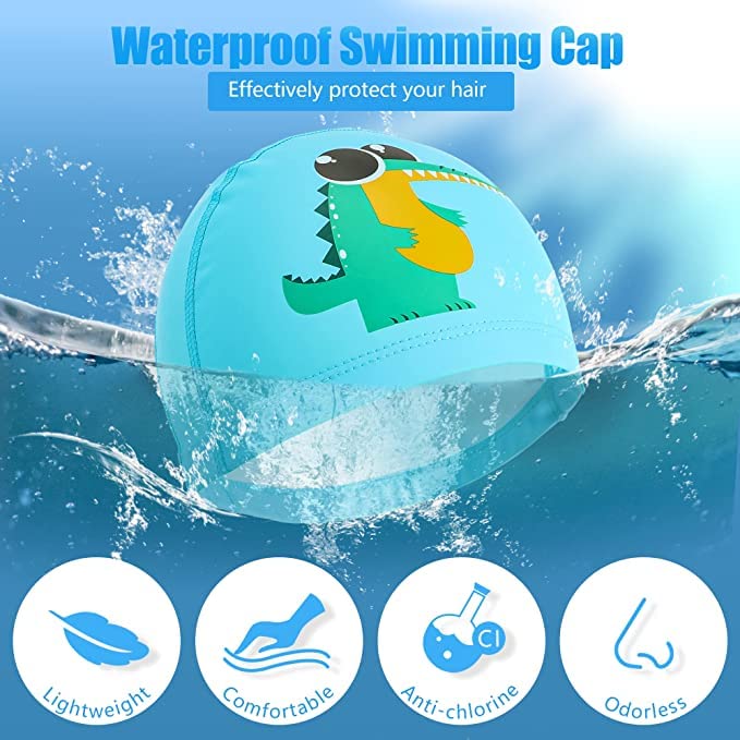 El Regalo Waterproof Swim Cap for Kids Boys Girls, Cute Cartoon PU/Silicone No-Slip Swimming Bathing Cap for Children Long Short Hair, Non-Toxic,Flexible Swim Caps Hat (Aligator)