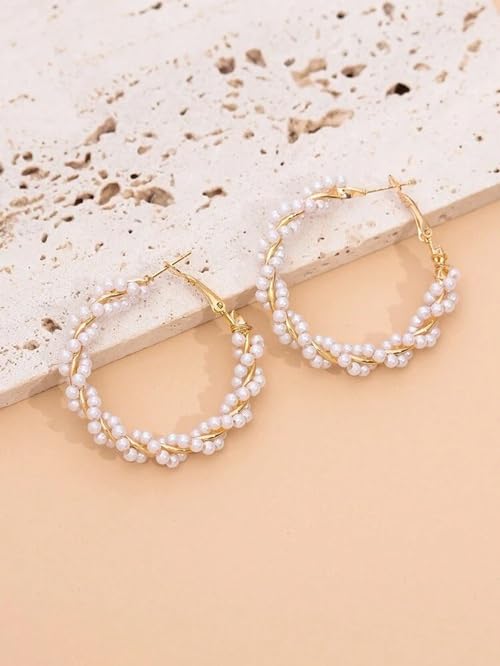 El Regalo Retro Elegant Double Row Imitation Pearl Oval Hoop Earrings for Women - Fashion Pearl Double Layer Ear Buckle Hoops (Pig Pearls Hoop Earrings)