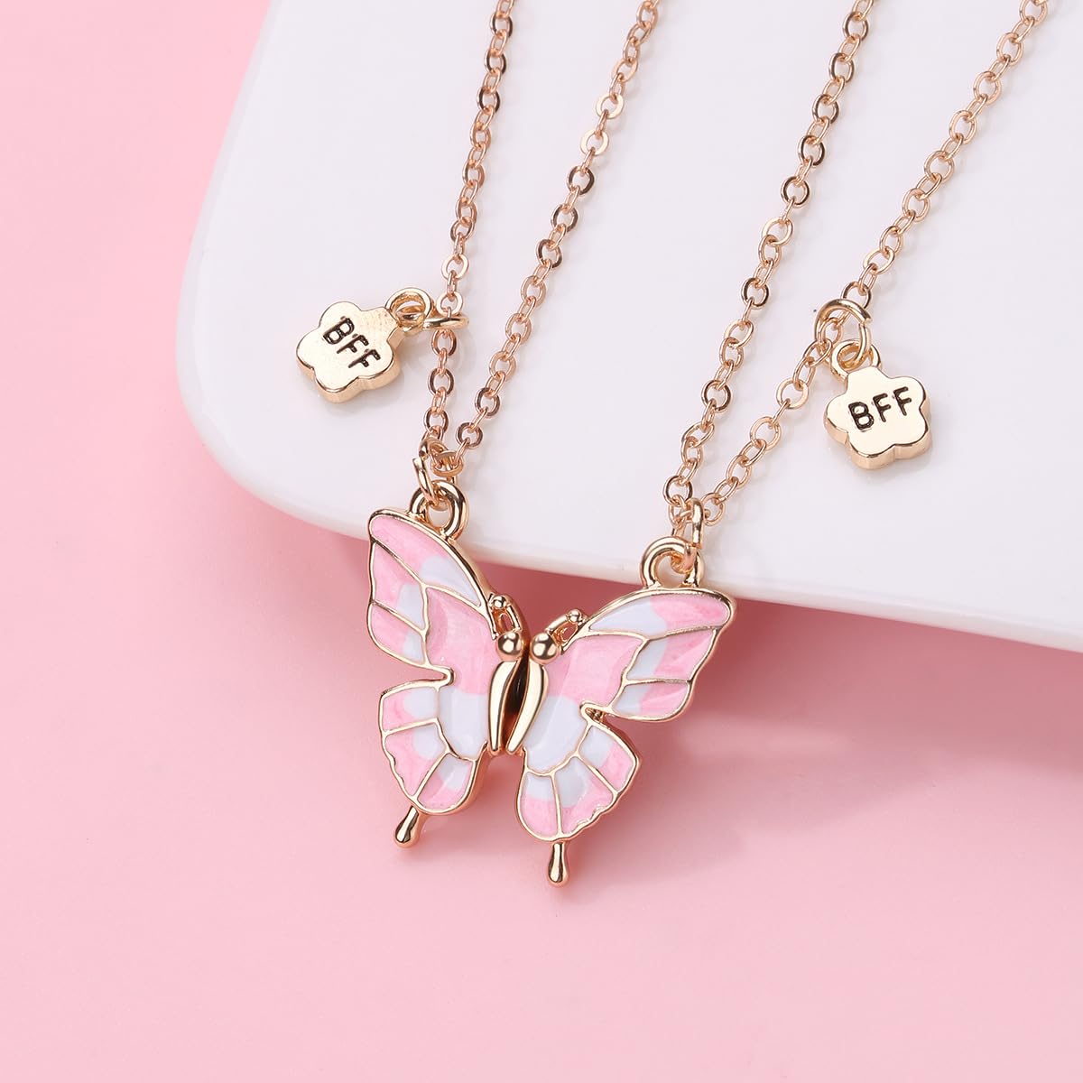 El Regalo 2 PCs BFF Best Friend Forever Butterfly Split Magnetic Matching Pendant Necklaces Set- Friendship Day Gift for Girls/Kids/Teens (Pink Butterflies Golden)