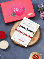 El Regalo 2PCs Kids Rakhi Combo Set - Handmade Evil Eye Nazaria Rakhi for Brother, Niece, Nephew | Red & Black Beads | Includes Roli Chawal in Gift Box
