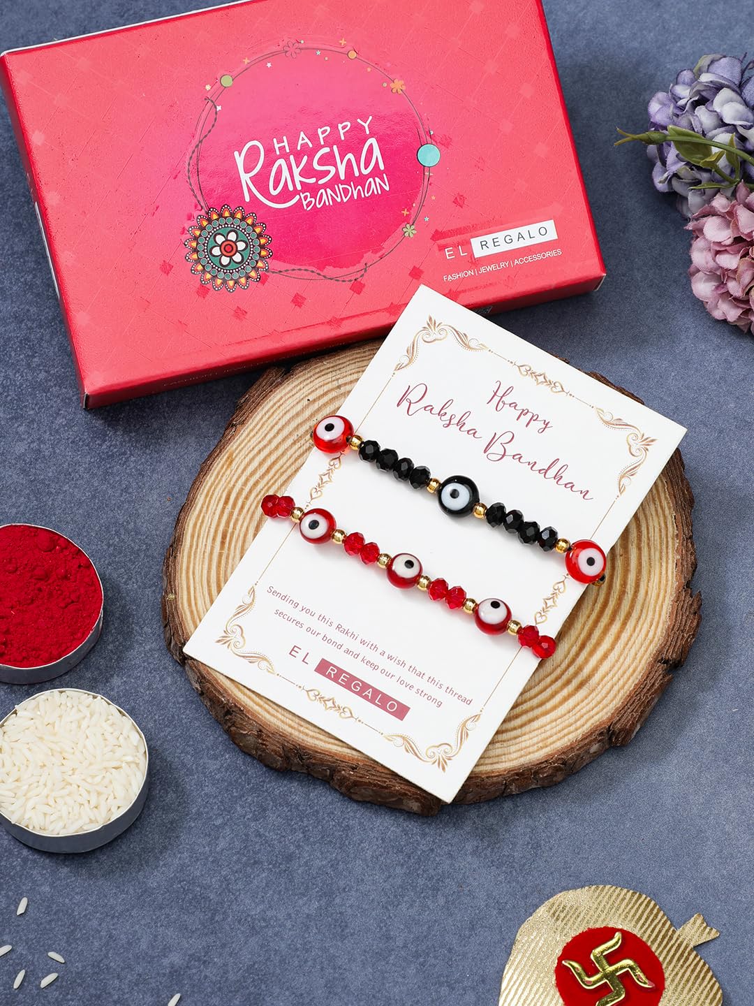 El Regalo 2PCs Kids Rakhi Combo Set - Handmade Evil Eye Nazaria Rakhi for Brother, Niece, Nephew | Red & Black Beads | Includes Roli Chawal in Gift Box
