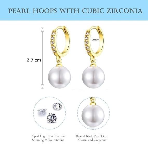 El Regalo Minimalist CZ Pearl Drop Earrings for Women | Korean Style Dangle Hoop Earrings | Gold & Silver Plated Cubic Zirconia Pearl Earrings | Elegant Daily Fashion Jewellery for Girls (Gold- Round)