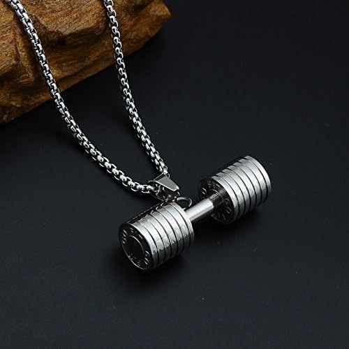 El Regalo Stainless Steel Gym Fitness Dumbbell Pendant Necklace for Boys/Men- Go Fit Motivational Fitness Sports Jewelry for Gym Lovers (Silver)