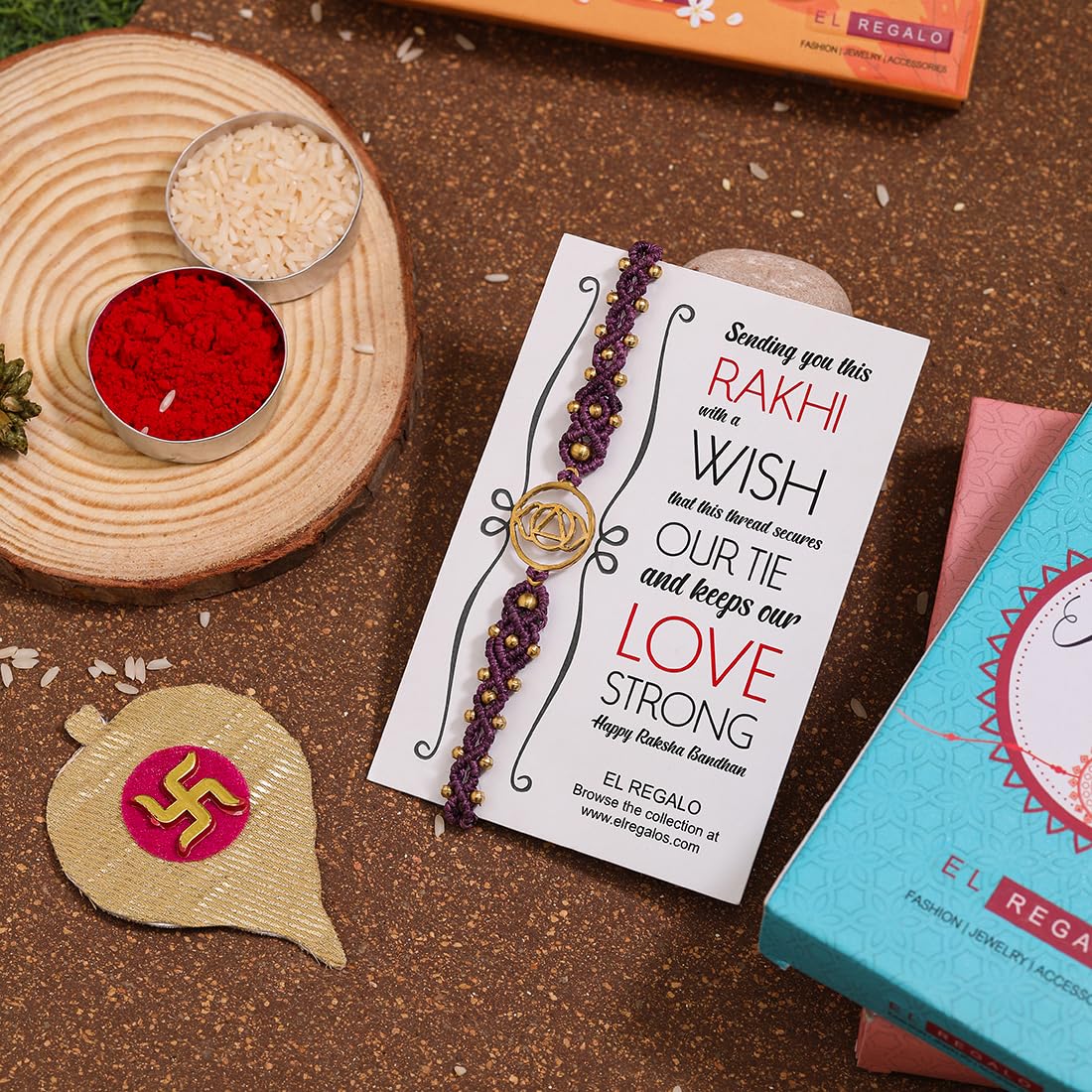 El Regalo 1PC Chakra Rakhi for Brother- Designer Chakra Reiki Healing Symbols Hand Braided Rakhi with shagun, Rakhi Card in Gift Box for Bhaiya/Bhabhi/Niece/Nephew (Third Eye Chakra)