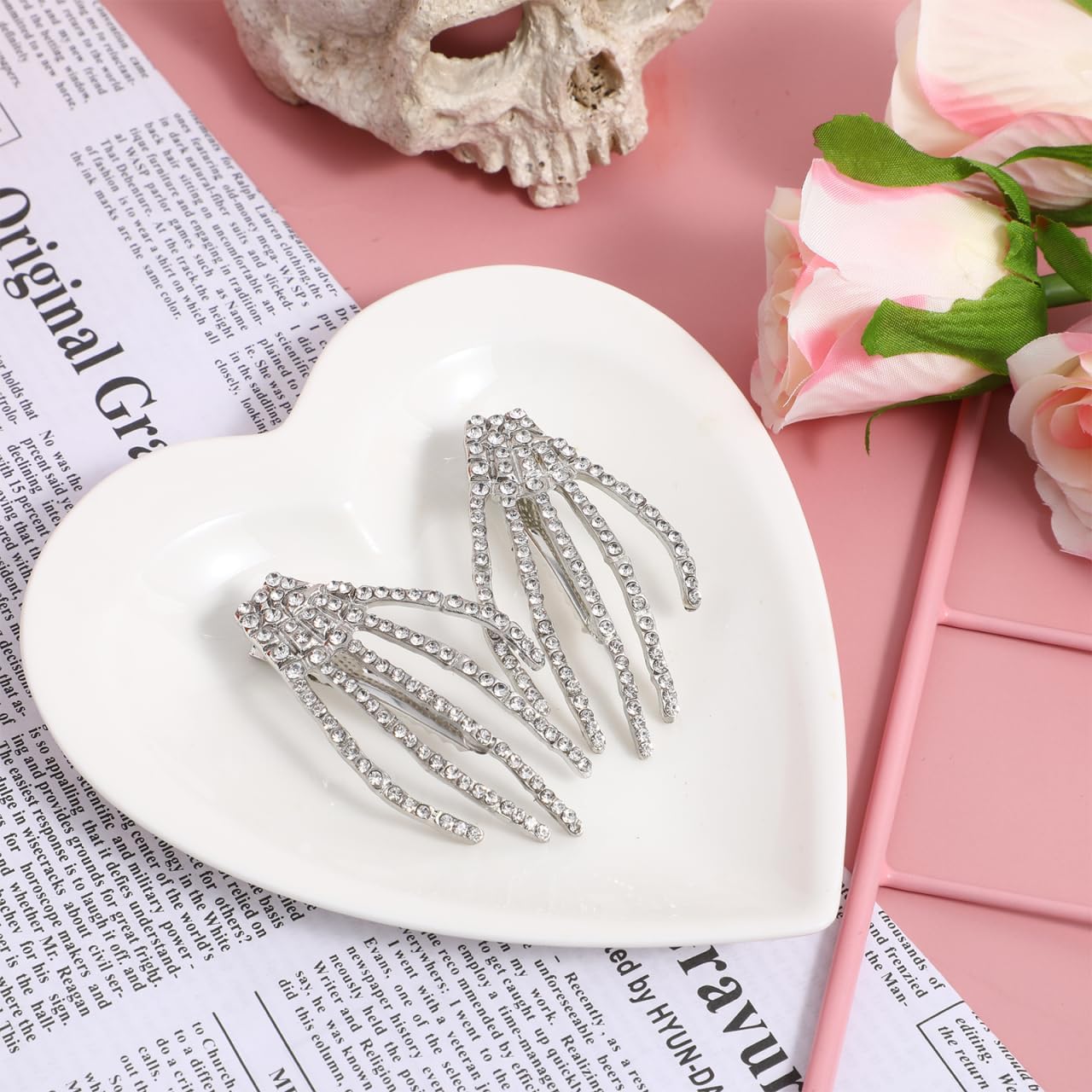 El Regalo 2PCs CZ Halloween Skeleton Hair Clips- Rhinestone Zombie Punk Rock Hand Hair Clip- Alligator Claws Barettes Clips- Halloween Costume/Accessories for Girls/Women (2 Silver)