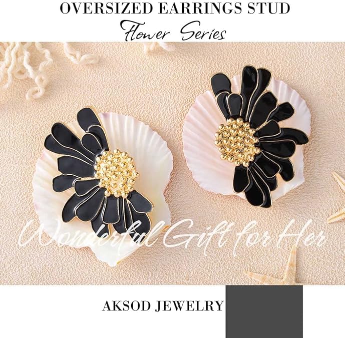 El Regalo Oversized Boho Daisy Flower Earrings- Bridal Statement Enameled Vintage Daisy Flowers Earrings For Haldi, Mehndi and Party (Black)