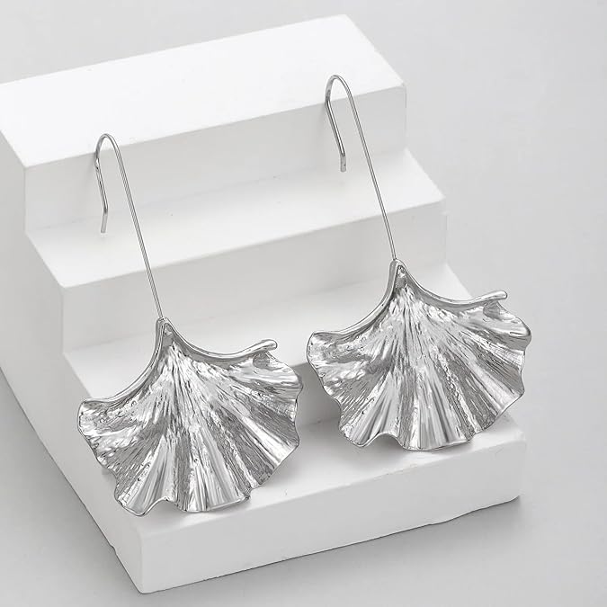 El Regalo Big & Bold Ginkgo Leaf Drop Dangle Earrings - Fashionable Fall Maple Leaf Boho Earrings for Women & Girls, Classy Statement Jewelry (Silver)