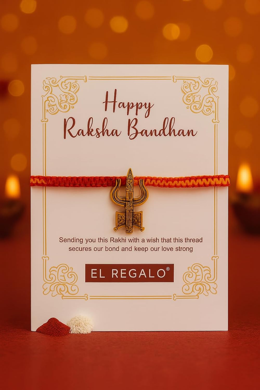 El Regalo 1PC Traditional Rakhi for Brother with Roli Chawal & Message Card | Designer Rakshabandhan Thread with OM, Shree Ram, Ganesha, Krishna Charms | Rakhi Gift Box Included (Trident)