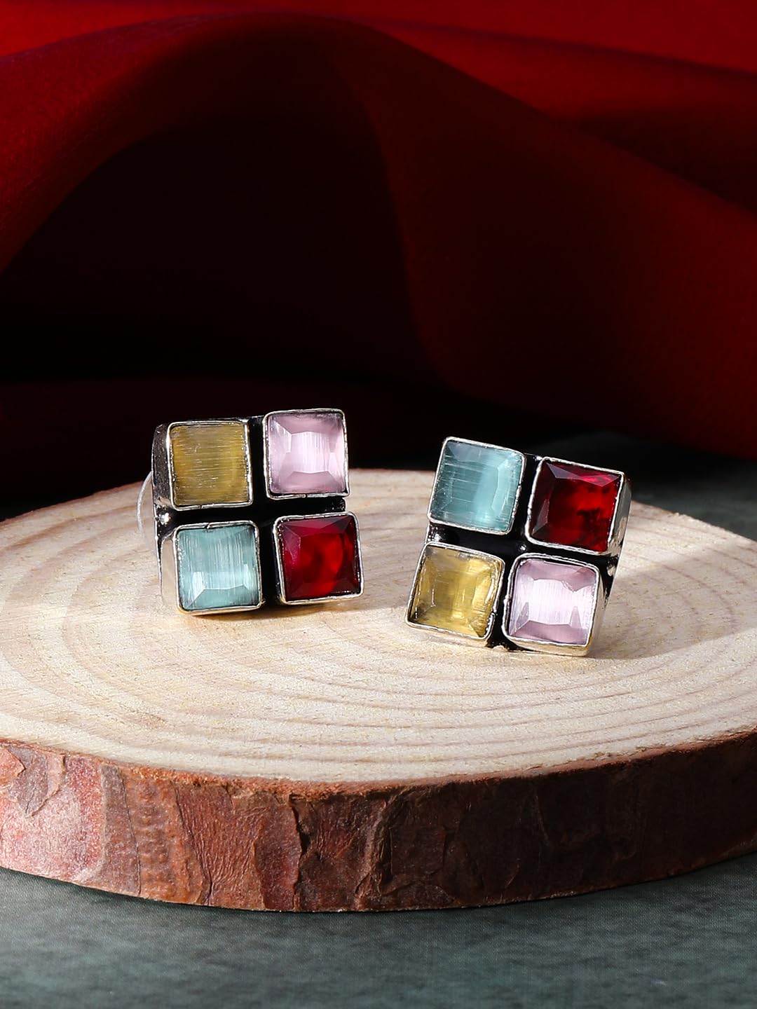 El Regalo 925 Silver Plated Oxidized Stud Earrings with Monalisha Stones - Square Bohemian Stud Earrings for Women - Tribal Antique Replica Earrings (Multi Color)