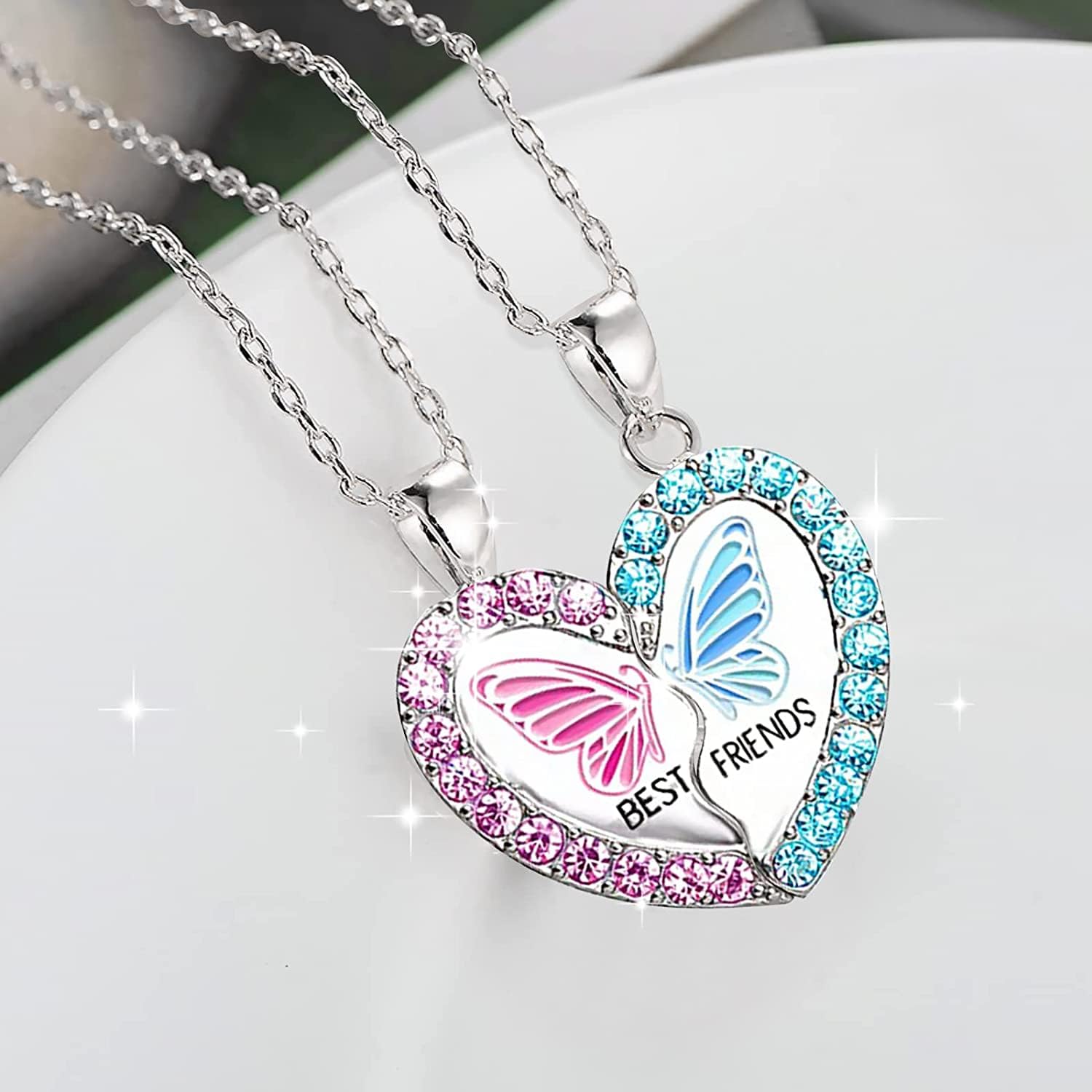 El Regalo 2 Pcs Bff Best Friend Forever Split Magnetic Matching Pendant Necklaces Set- Heart, Flower, Swan, Mermaid, Unicorn Pendant Friendship Necklaces (Pink & Blue Butterfly, Girls)