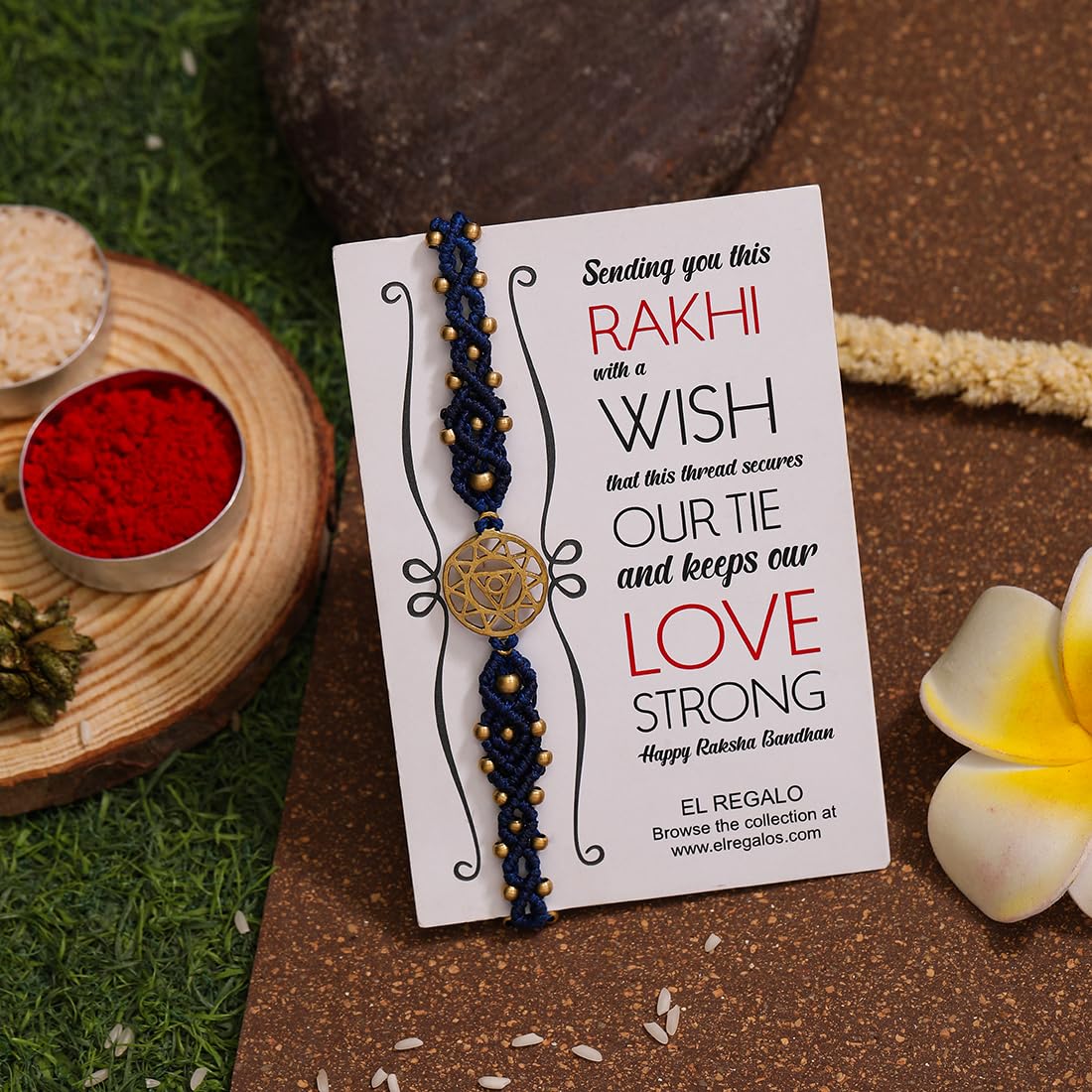 El Regalo 1PC Chakra Rakhi for Brother- Designer Chakra Reiki Healing Symbols Hand Braided Rakhi with shagun, Rakhi Card in Gift Box for Bhaiya/Bhabhi/Niece/Nephew (Throat Chakra)