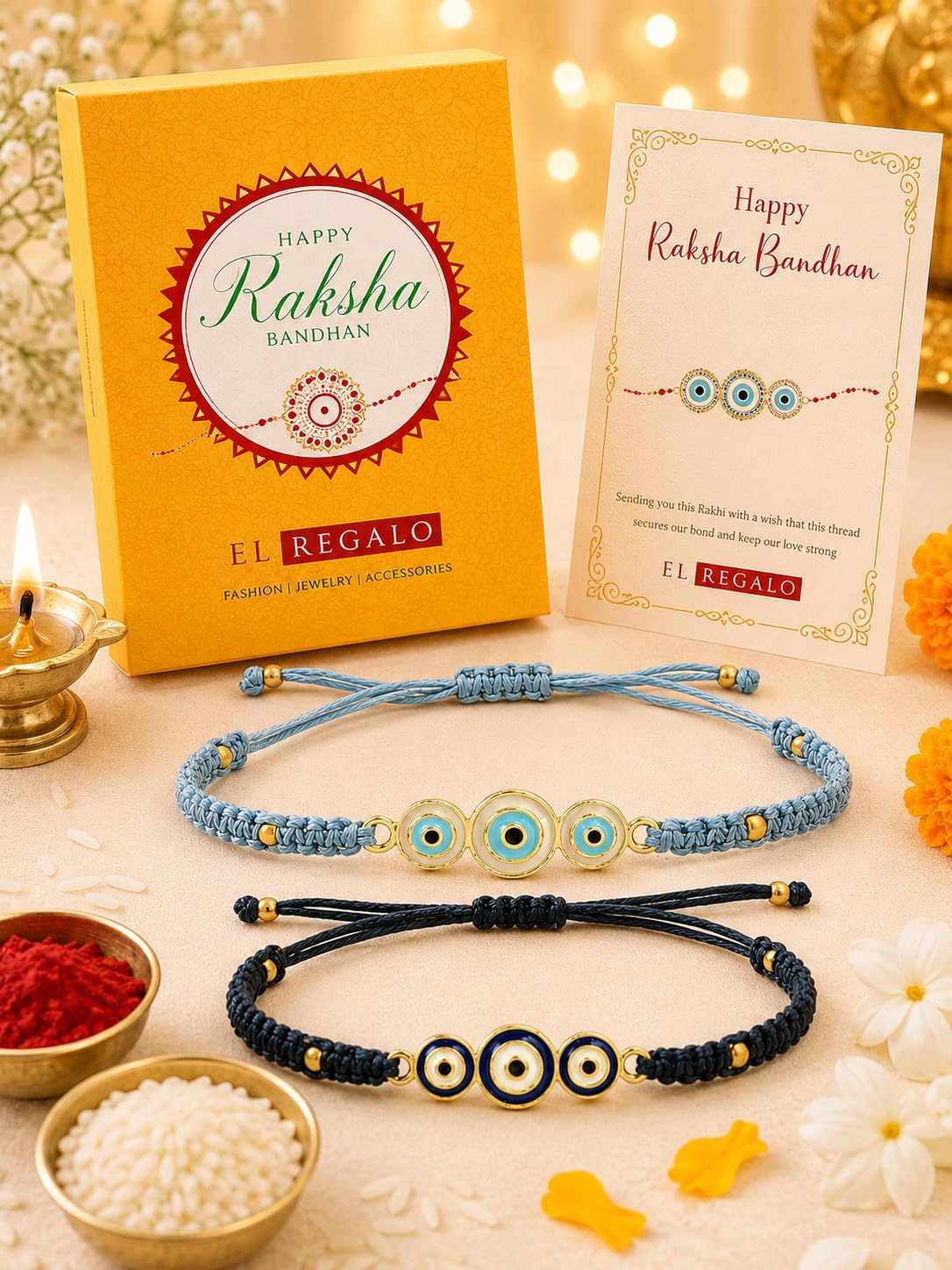 El Regalo 2PCs Rakhis for Brother- Evil Eye Rakhi Combo Set with 2 Rakhis, shagun Pack, Rakhi Message Card in Rakhi Gift Box (Option-2)